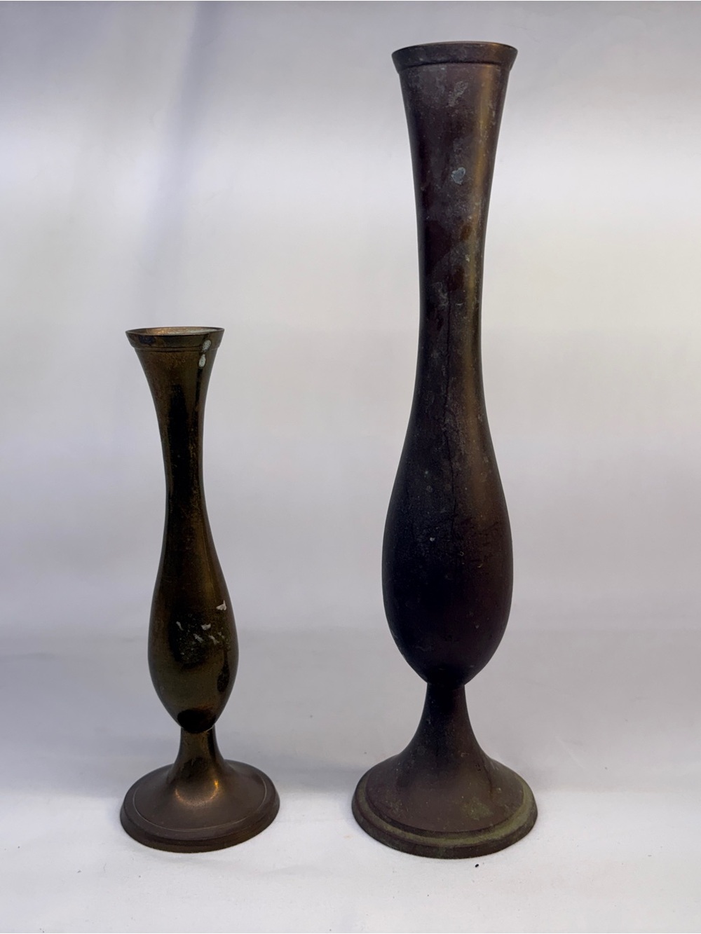 Vintage Tall Brass Bud Vases - Set of 2 Matching Silhouette Patina Trumpet Vases